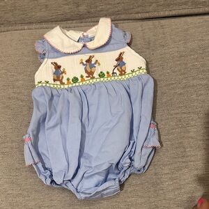 Smocked Blue Bunny “Peter rabbit” One-Piece Romper for Baby with ruffles